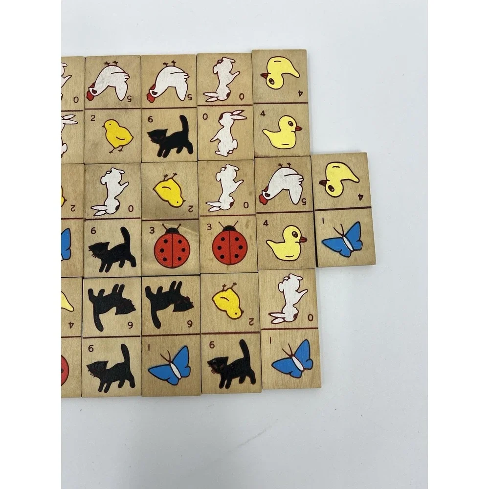 Vintage 1985 Wooden Animal Dominos in Box 25 Pieces Incomplete